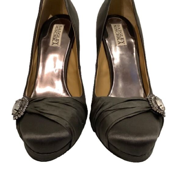 ‎BADGLEY MISCHKA “ODELL” BLACK SATIN PLATFORM HEELS SIZE 8.5 - Picture 6 of 12